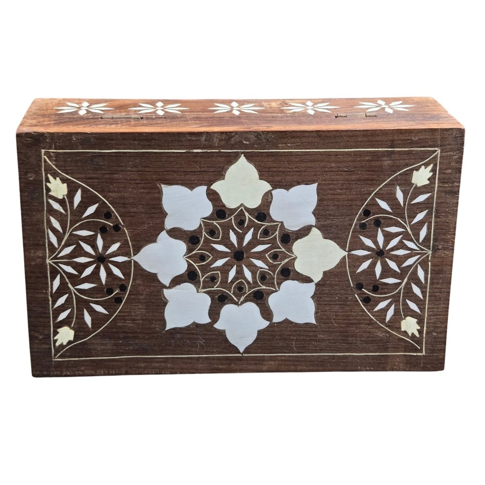 Handmade Carved Wood Jewelry Box Brown Floral Inlay Blue Felt Lining Trinket Box
